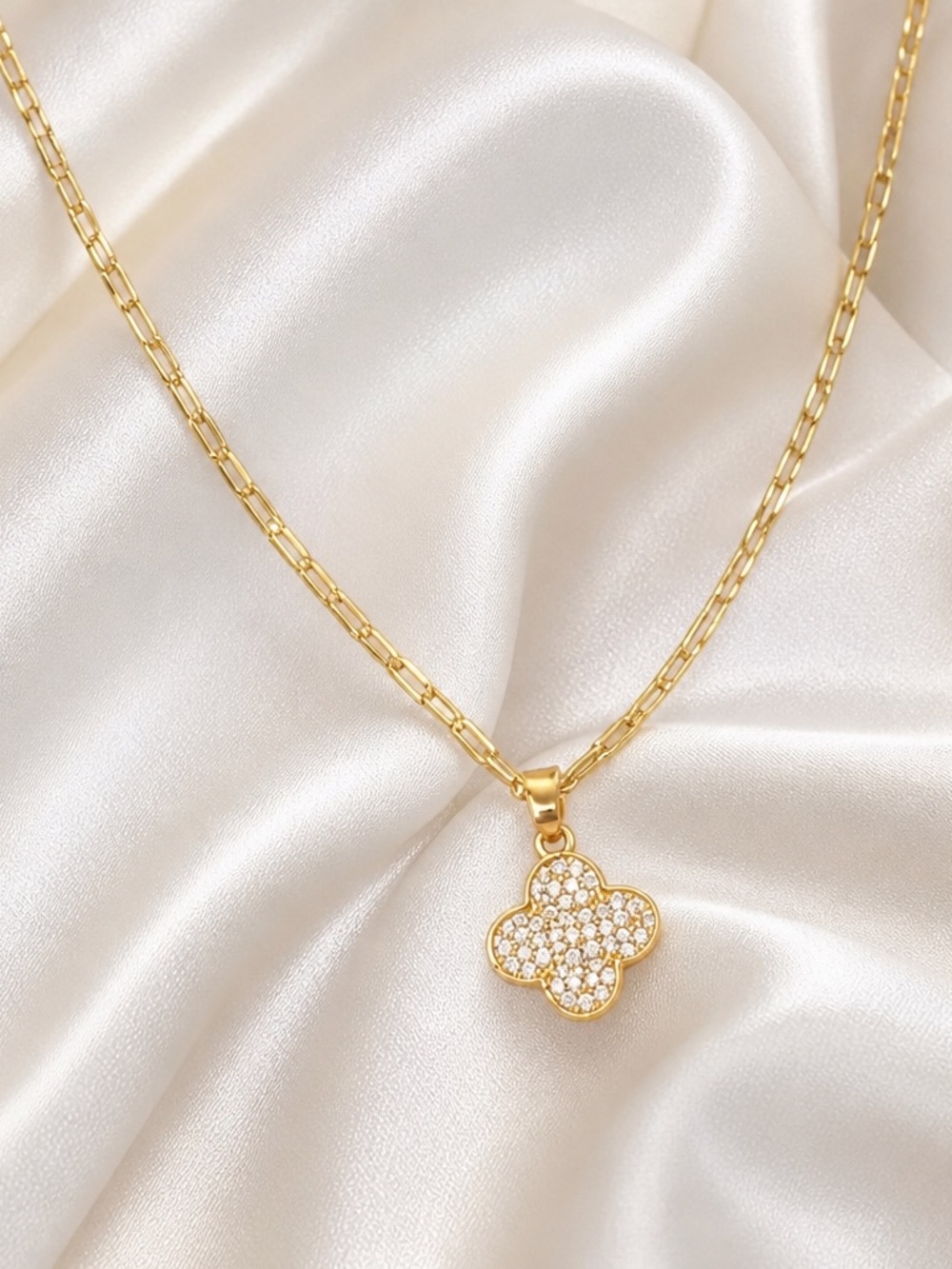 Gold Clover Pendant Necklace with Crystal Pavé - Women Jewelry